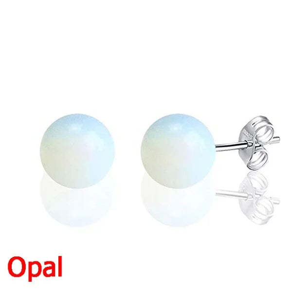 Fashion Simple Classic Natural Stone Opal Crystal Amethyst Aventurine Ball Round Bead Silver Stud Earring for Women Jewelry Gift  (GoldenCity)