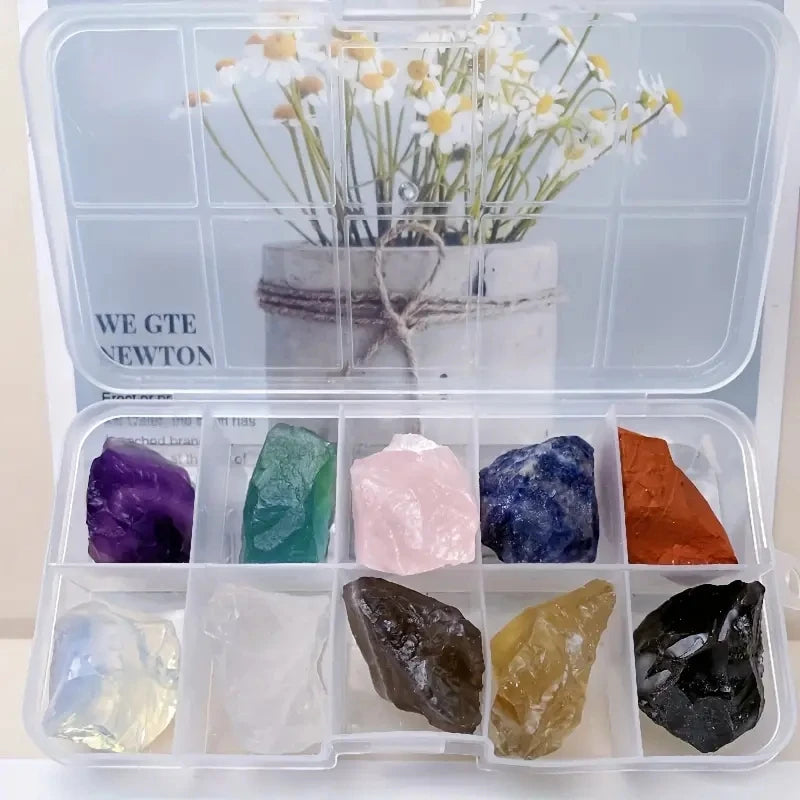 10PCs/Box Natural Crystal Rough Raw Set Energy Gemstones Rough Rocks And Mineral Chakra Stone With Box  (GoldenCity)