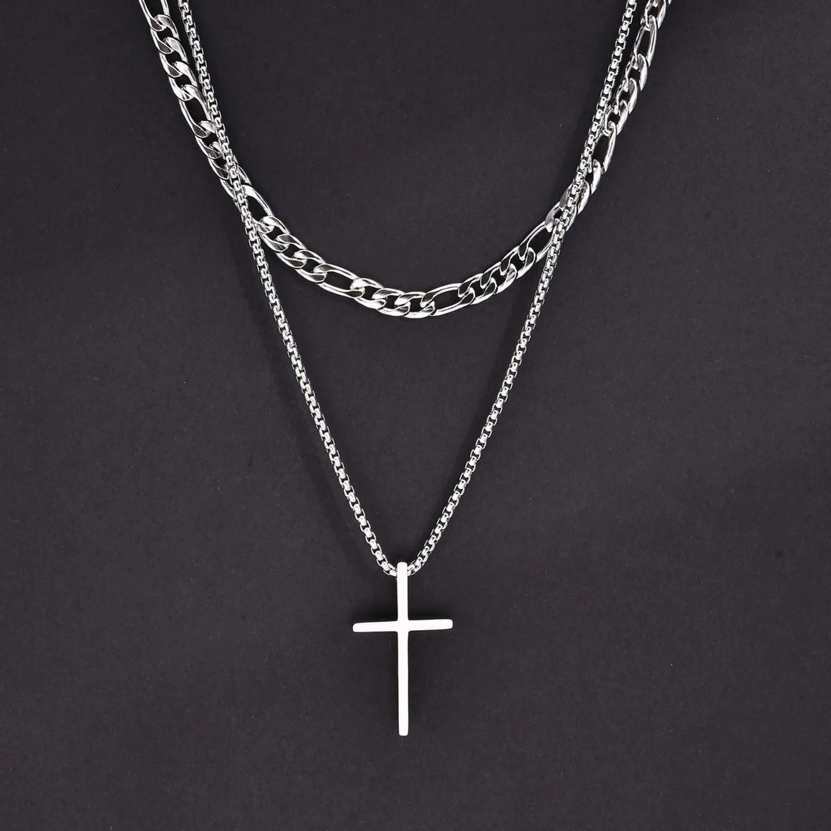 Mens Cross Necklaces, Stainless Steel Layered Plain Cross Pendant, Rope Box Chain Necklace, Simple Prayer Jesus Collar  (GoldenCity)