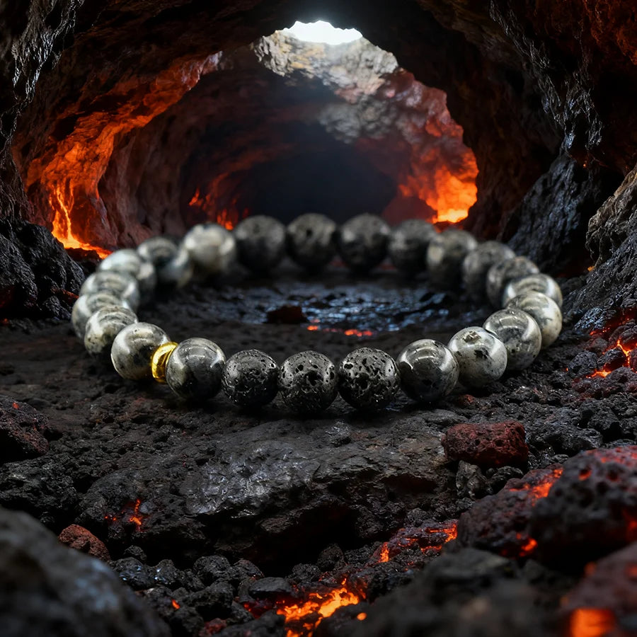 Retro Black Natural Labradorite Moonstone Bead Bracelet Homme Irregular Volcanic Onyx Stone Elastic Handmade Jewelry for Father  (GoldenCity)