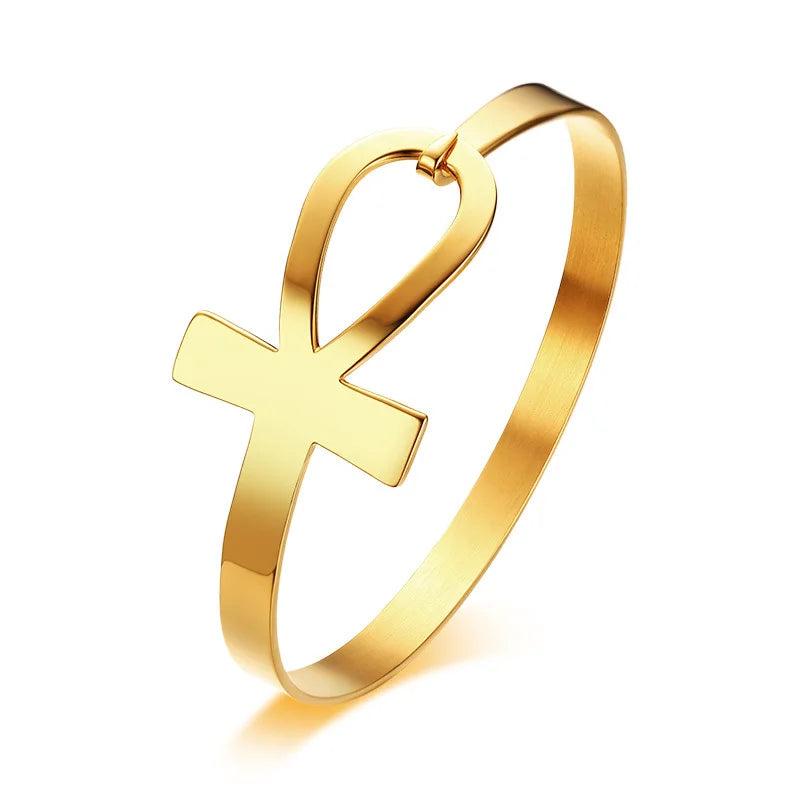 Ankh Cross Bracelet for Women Stainless Steel Key of Life Bangle Bracelet Female Egypt Religious Jewelry 2.3" Diameter  (GoldenCity)