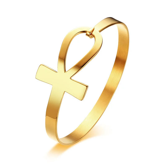 Ankh Cross Bracelet for Women Stainless Steel Key of Life Bangle Bracelet Female Egypt Religious Jewelry 2.3" Diameter  (GoldenCity)