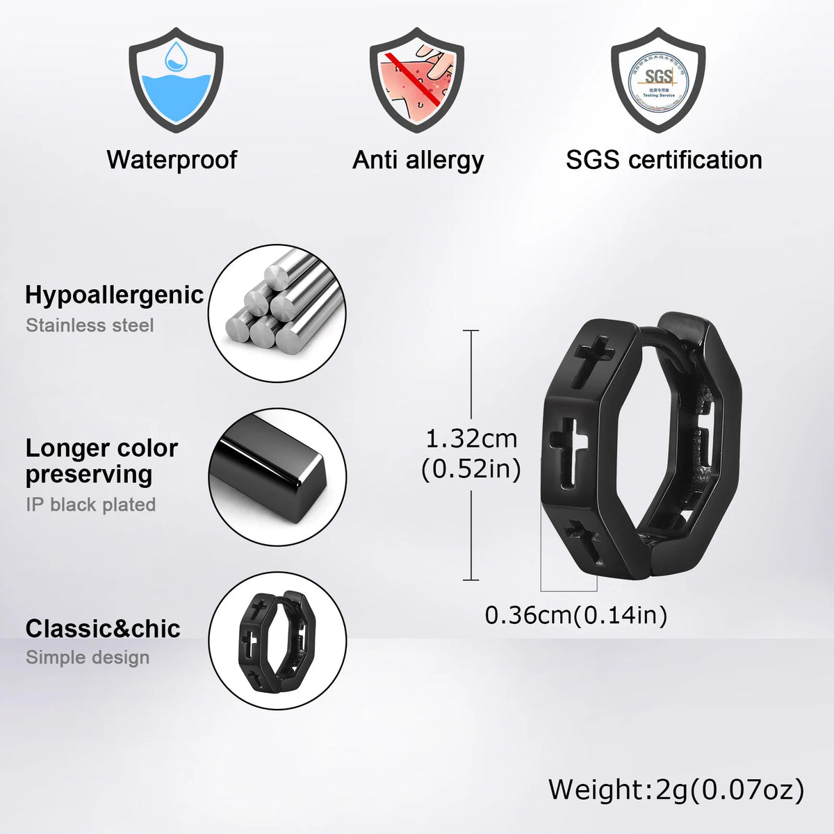 Anti Allergy Stainless Steel Hoop Earrings for Men Boys, Hollow Cross Huggies, Geometric Octagon Ear Jewelry  (GoldenCity)