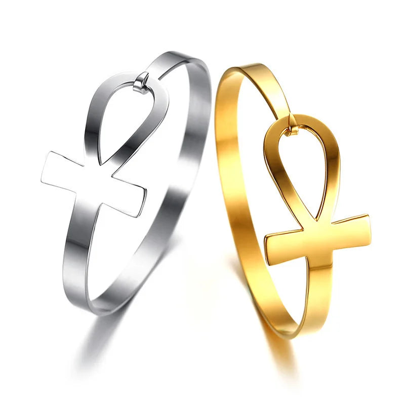 Ankh Cross Bracelet for Women Stainless Steel Key of Life Bangle Bracelet Female Egypt Religious Jewelry 2.3" Diameter  (GoldenCity)