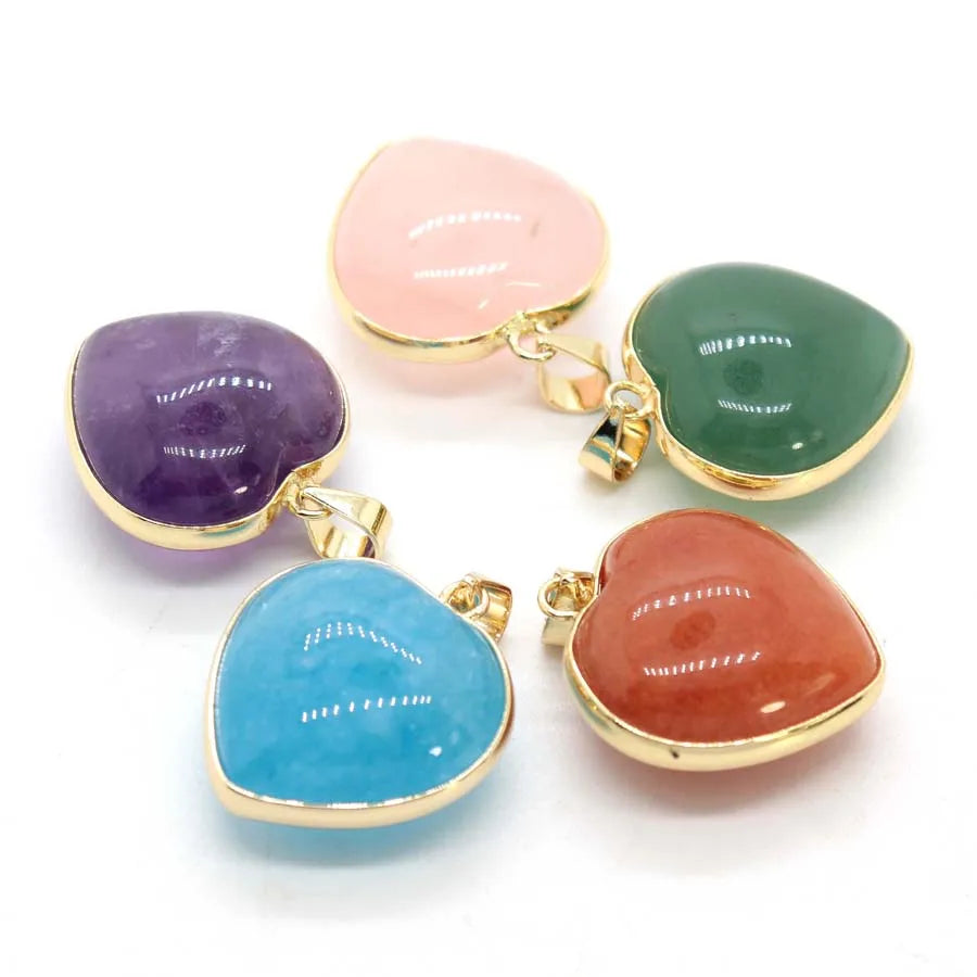 Charms Natural Healing Crystal Heart Stone Pendants For Women Necklace DIY Amethyst Rose Quartz Gemstone Choice Men Jewelry  (GoldenCity)