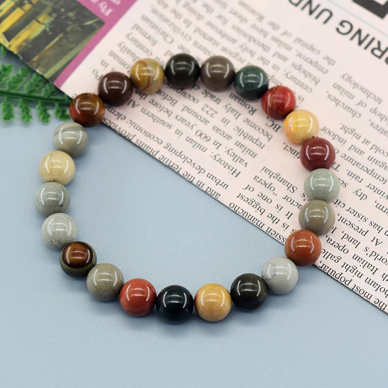 Natural American Picture Stone Bead Bracelet Women Men Amethysts Crystal Quartzs Aquamarines Jades Jewelry Agates Elastic Bangle  (GoldenCity)