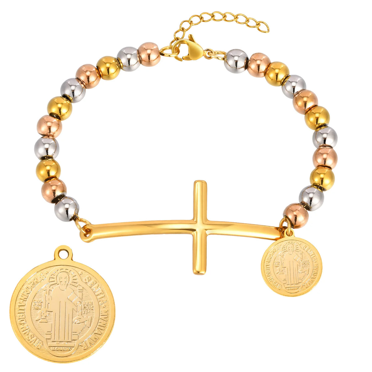 Virgin Mary St. Benedict Cross Bracelet For Women, Stainless Steel Gold Color Beaded Chain Bracelets, Christ Prayer Jewelry  (GoldenCity)