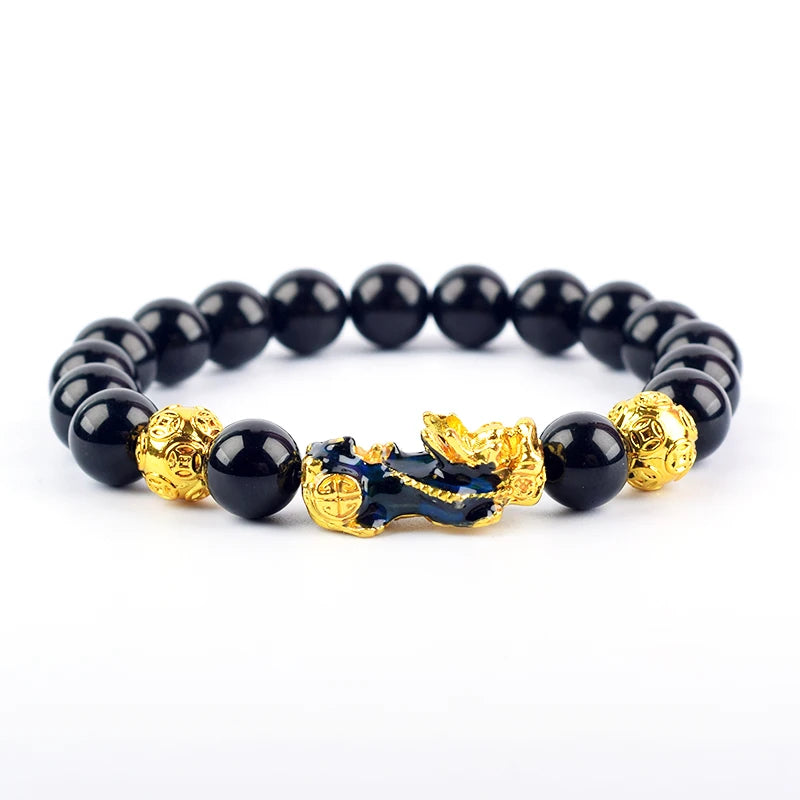 Pixiu Bracelet Feng Shui Wealth and Good Luck Bracelet Homme Wristband Gold Color Obisidian Stone Beads Black Six Character Gift  (GoldenCity)