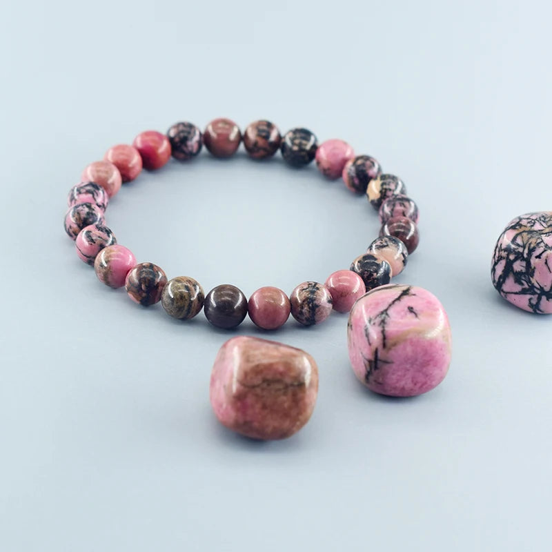 Natural Rhodonite Beaded Bracelets Men Women Energy Stone Beads Stretch Bracelets Yoga Healing Gem Beads Bangle Jewelry Gifts  (GoldenCity)