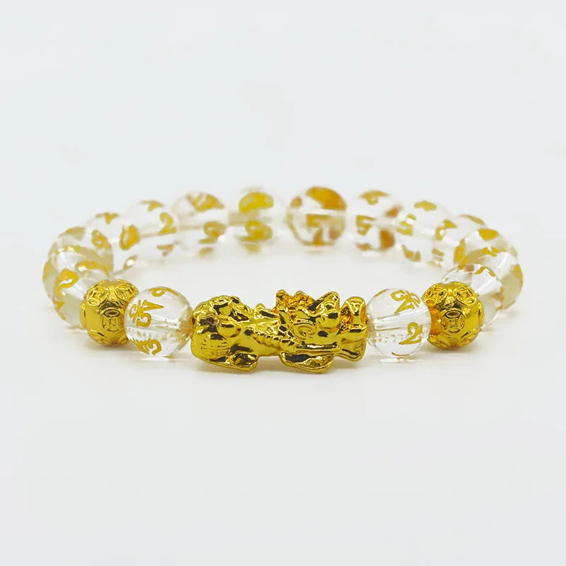 Pixiu Bracelet Feng Shui Wealth and Good Luck Bracelet Homme Wristband Gold Color Obisidian Stone Beads Black Six Character Gift  (GoldenCity)