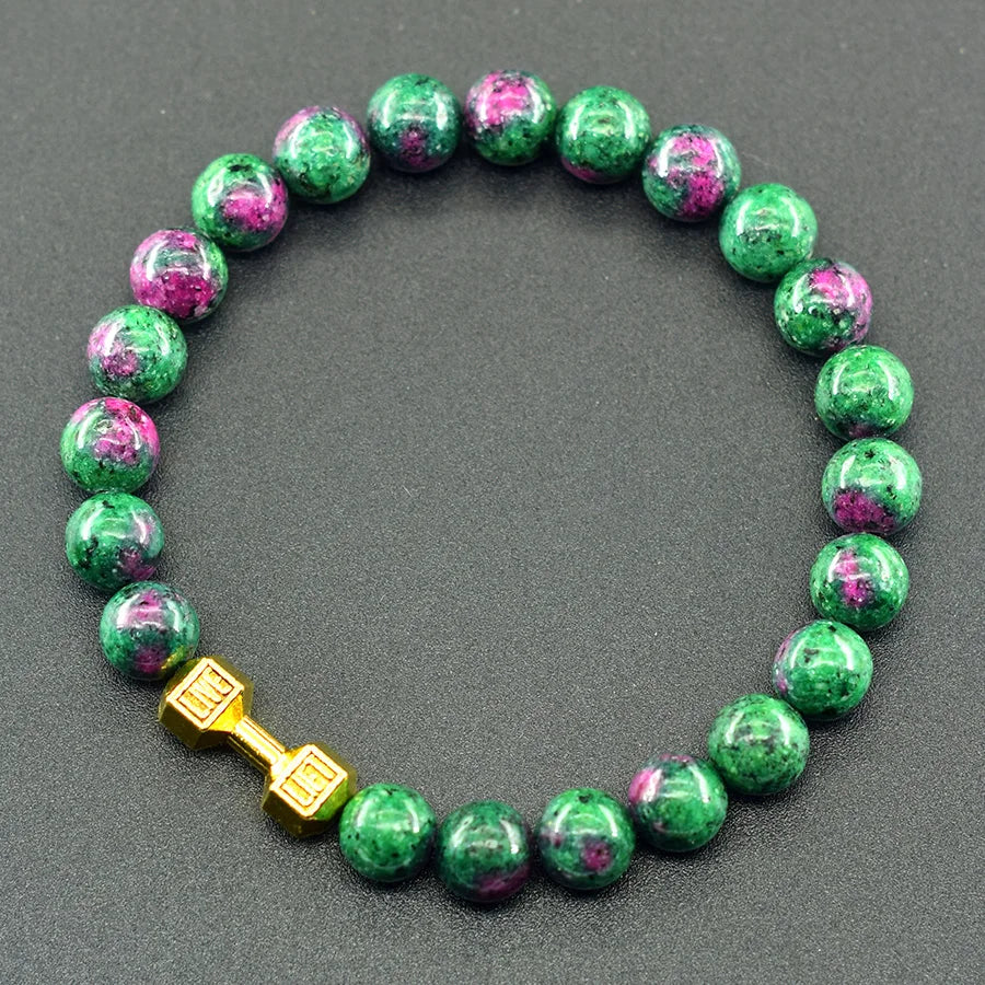 Dumbbell Barbell Shape Pendant Men's Fitness Bracelet Natural Unakite Stone Beads Bangle for Men Gym Strengthen the Muscle Gift  (GoldenCity)