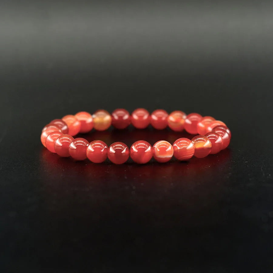 Natural Red Stripes Agate Bead Bracelet Women Men Genuine Red Carnelian Round Agate Jewelry Enhance Mobility Elastic Wristband  (GoldenCity)