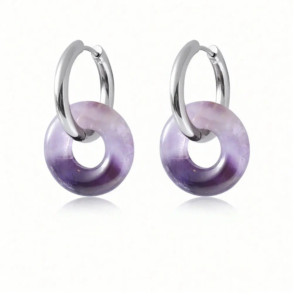 1pair Natural Stone Donut Shaped Stainless Steel Hoop Earrings Ladies Fashion Pink Crystal Agate Malachite Round Women Earrings  (GoldenCity)