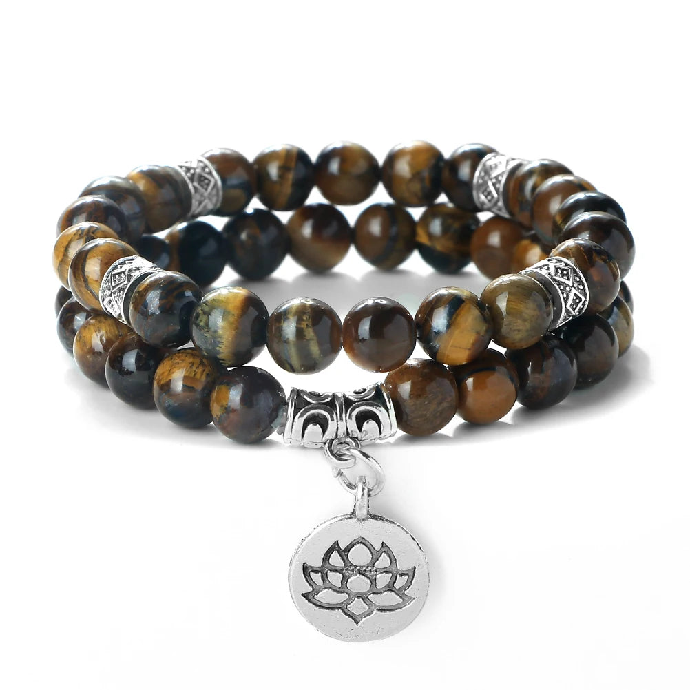 2Pcs/Set Natural Black Striped Pine Stone Bracelets Lava Bead Wristband Lotus Pendant  A Zen-inspired Healing For  Men And Women  (GoldenCity)
