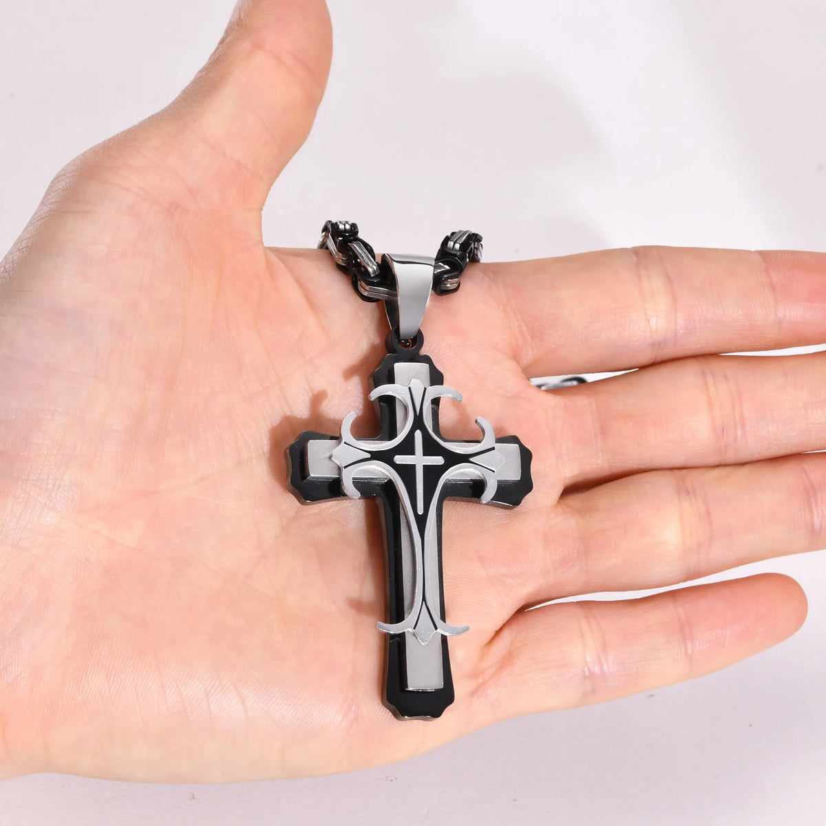 Men Cross Necklace with 4MM Byzantine Chain,Punk Rock Stainless Steel Catholic Crucifix Pendant Religious Jewelry  (GoldenCity)
