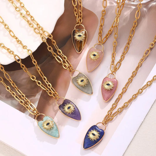 1pc Devil's Eye Heart Natural Stone Pendant Amethyst Pink Crystal Necklace for Women Jewelry Gift  (GoldenCity)