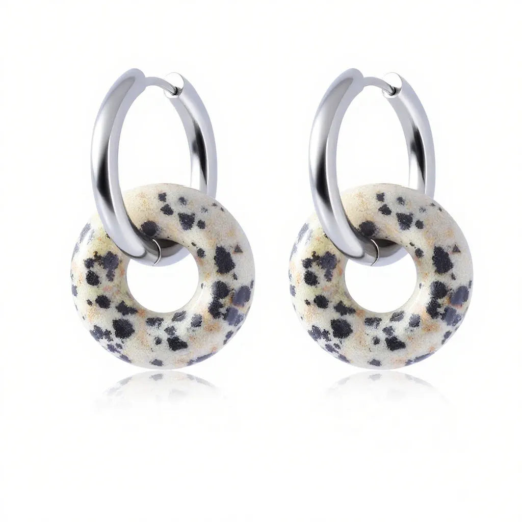 1pair Natural Stone Donut Shaped Stainless Steel Hoop Earrings Ladies Fashion Pink Crystal Agate Malachite Round Women Earrings  (GoldenCity)