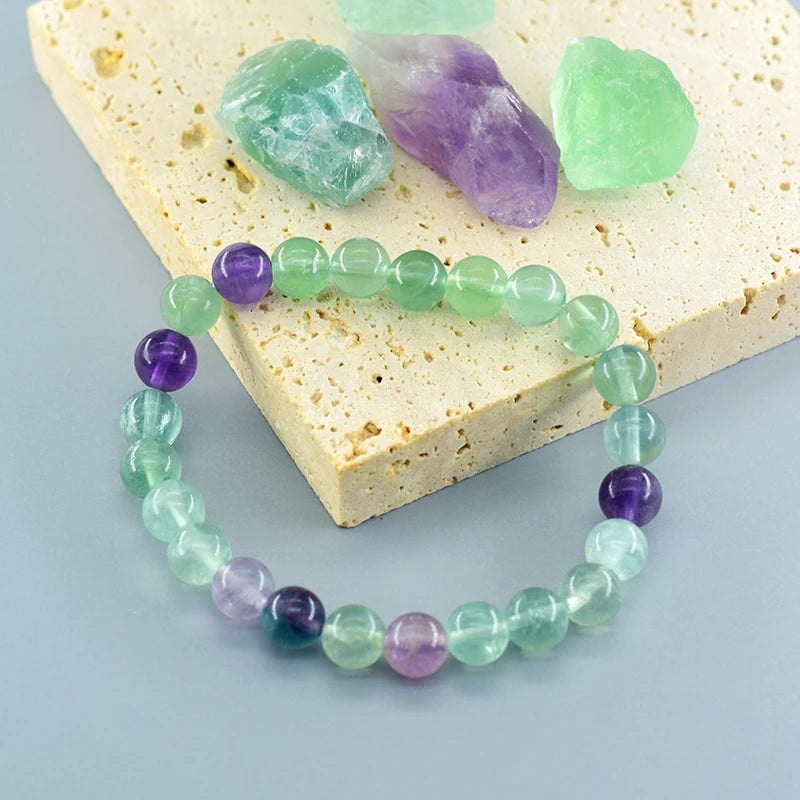 Fluorite Bracelet with Natural Stones 6 8 10mm Beads Charm Jewelry for Women Amethyst Crystal Agates Beads Energy Healing Bangle  (GoldenCity)