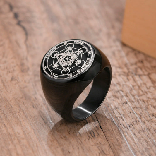 Seven Seals of Angels Rings for Men, Round Top Stamp Finger Band, Metatron Cube Stamp Ring, Chunky Punk Jewelry  (GoldenCity)