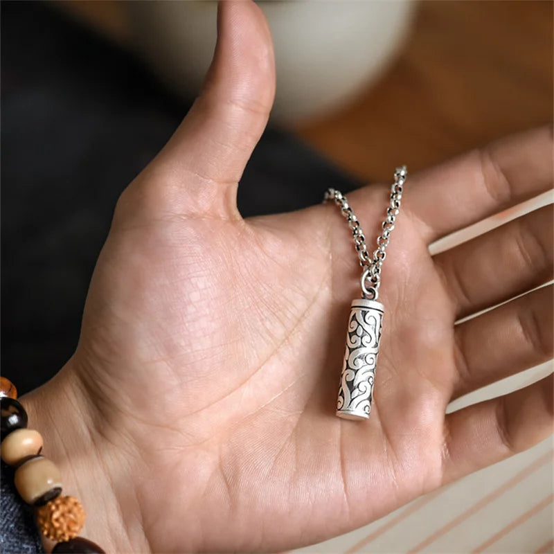 Vintage 925 Silver Necklace Male Blessing Bijou Retro Pendant Can Be Opened To Hold Things Amulets Necklaces For Men Jewelry  (GoldenCity)