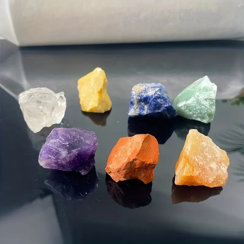 7pcs/set Crystal Rough 0.79-1.2" Natural Chakra Crystal Rough Healing Stone Amethyst Sunstone Yellow Aventurine Lapis Red Jasper  (GoldenCity)