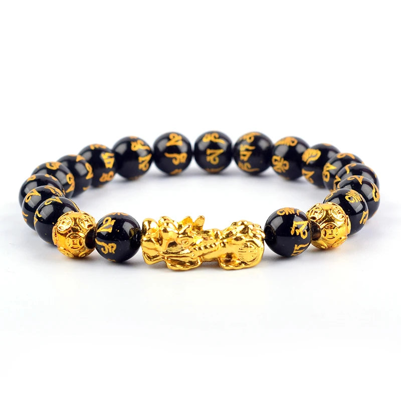 Feng Shui Obsidian Stone Beads Bracelet Men Women Wristband Gold Color Wealth and Good Luck Six Character Proverbs Bracelet  (GoldenCity)