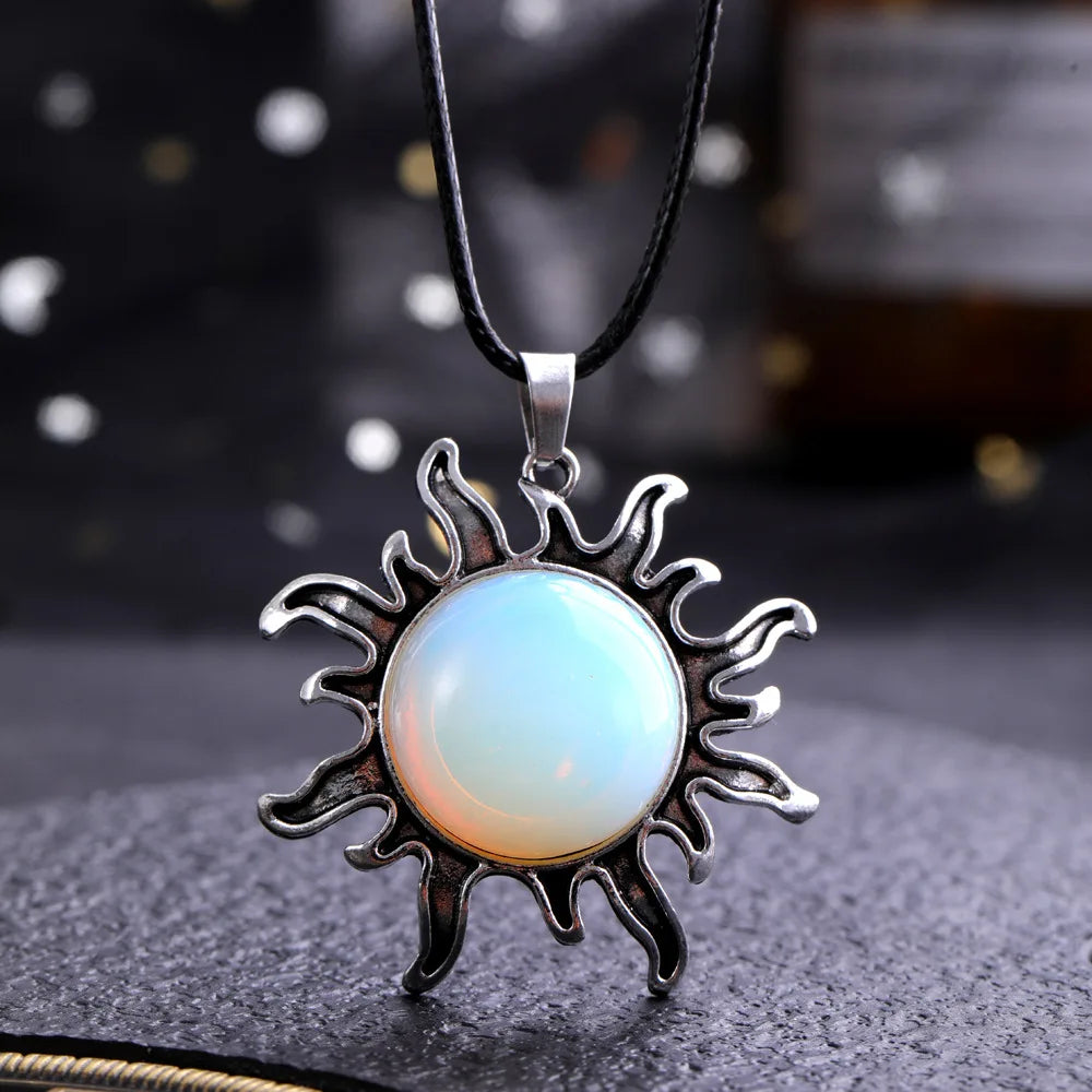 Fashion Natural Gem Stone Quartz Crystal Tiger-eye Plated Silver Alloy Sun Pendant Jewelry Making Accessories Sun Necklace Gift  (GoldenCity)
