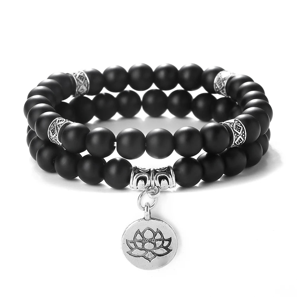 2Pcs/Set Natural Black Striped Pine Stone Bracelets Lava Bead Wristband Lotus Pendant  A Zen-inspired Healing For  Men And Women  (GoldenCity)
