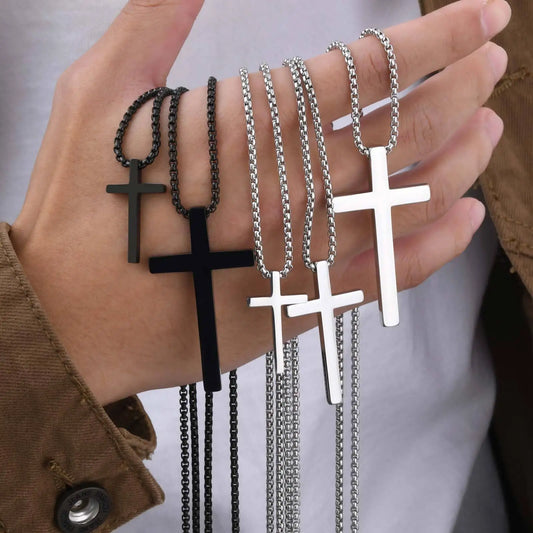 Cross Necklaces for Men Women, Simple Plain Black Silver Color Stainless Steel Thick Cross Pendant with Box Chain  (GoldenCity)