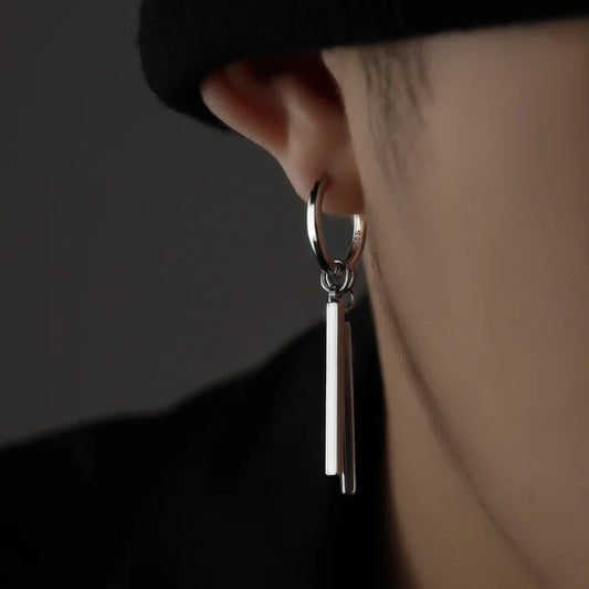 Trendy Men Earrings Minimalist Long Strip Double Stick 925 Sterling Silver Ear Buckle Male Cool Personality Dropping Earrings  (GoldenCity)