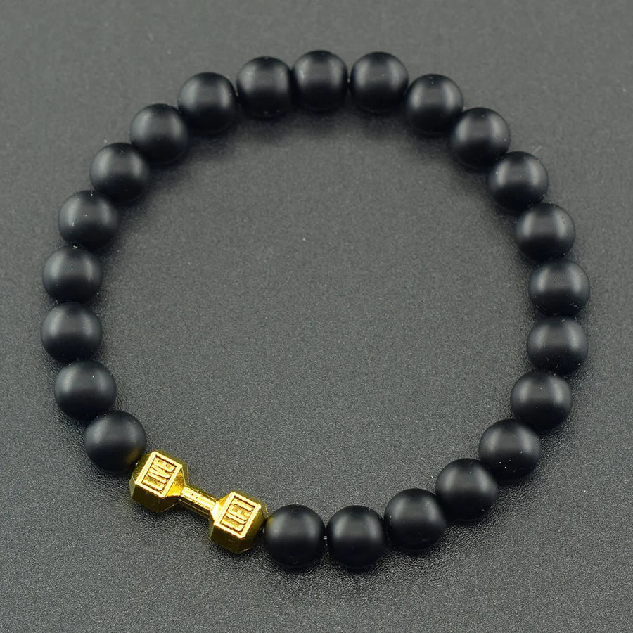 Dumbbell Barbell Shape Pendant Men's Fitness Bracelet Natural Unakite Stone Beads Bangle for Men Gym Strengthen the Muscle Gift  (GoldenCity)
