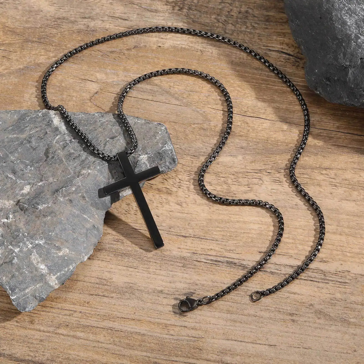 Cross Necklaces for Men Women, Simple Plain Black Silver Color Stainless Steel Thick Cross Pendant with Box Chain  (GoldenCity)
