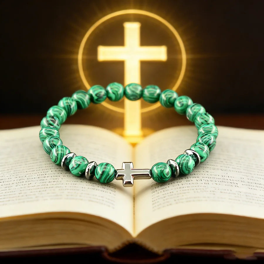 Cross Charm Natural Stone Bracelet Malachite Beaded Bracelet Handmade Men Women Prayer Fitness Chain Couple Matching Jewelry  (GoldenCity)
