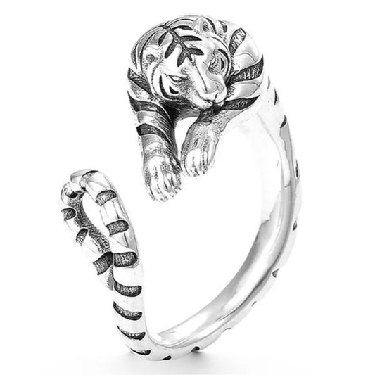 Trendy Zodiac Animal Tiger Ring For Men Jewelry Domineering Tiger Design Male Index Finger Ring Adustable Accessories  (GoldenCity)