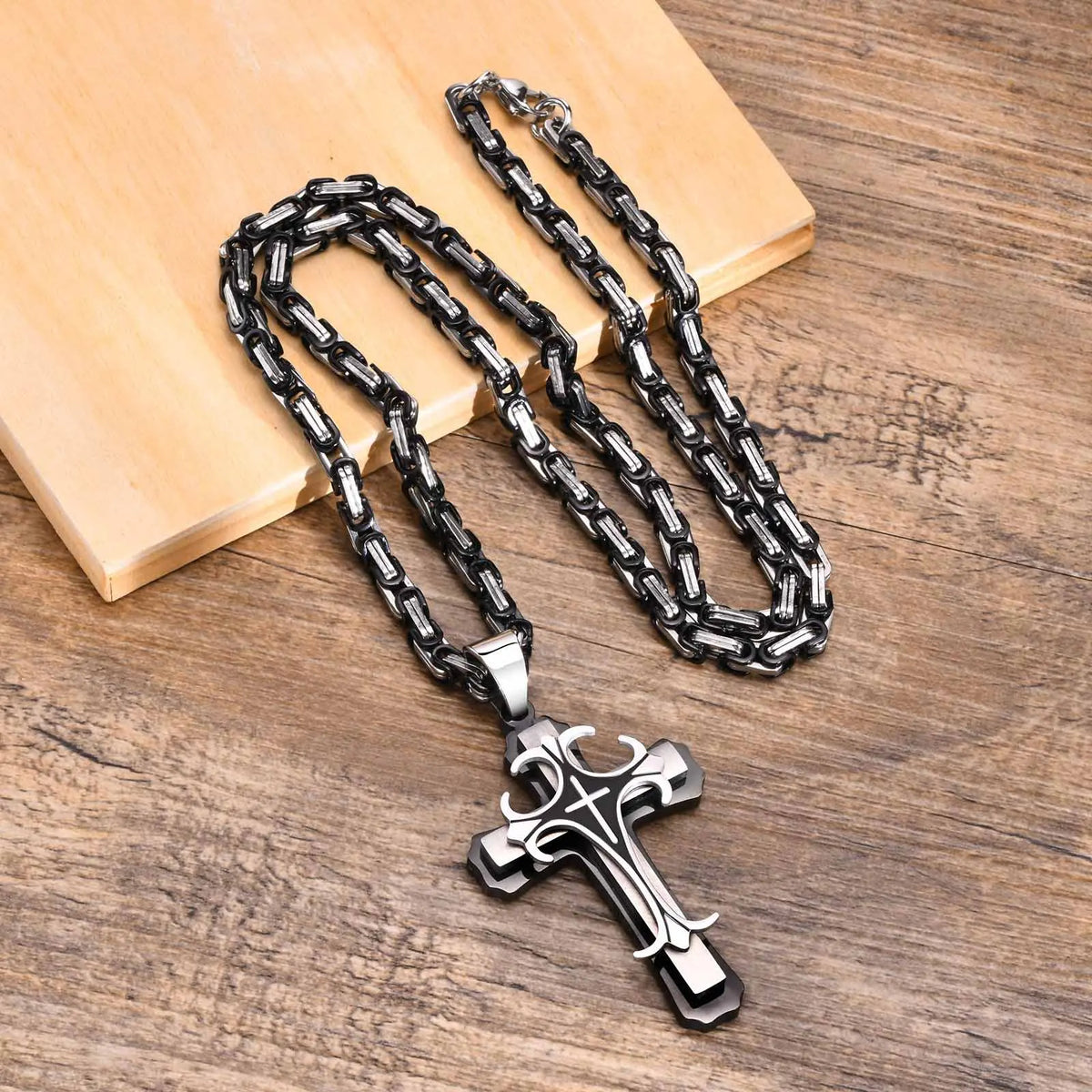 Men Cross Necklace with 4MM Byzantine Chain,Punk Rock Stainless Steel Catholic Crucifix Pendant Religious Jewelry  (GoldenCity)