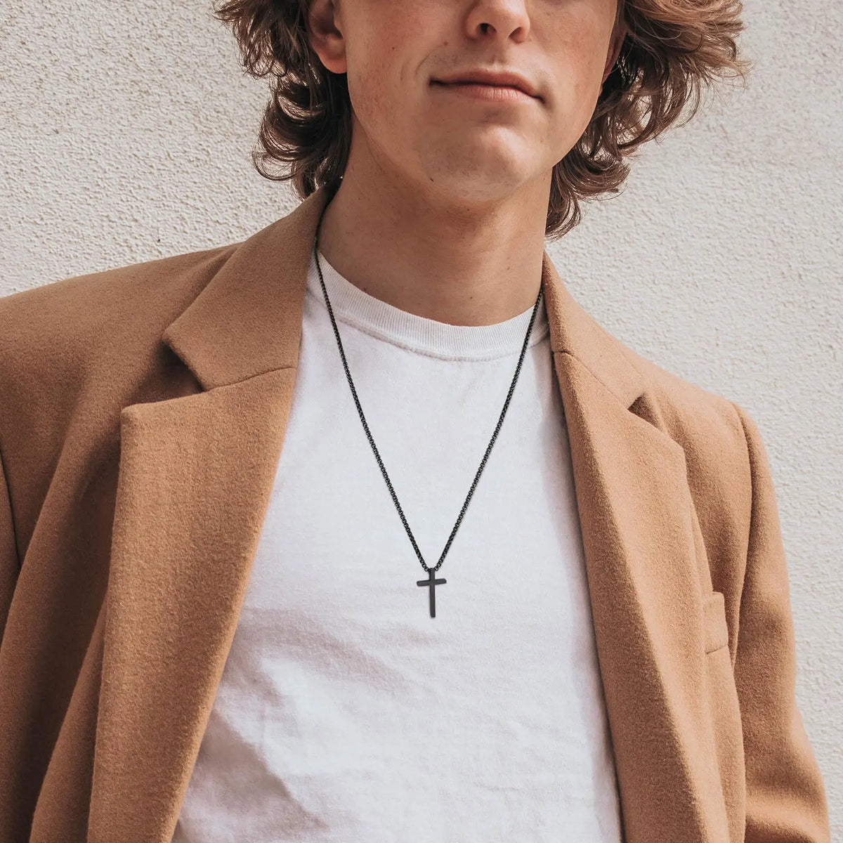 Cross Necklaces for Men Women, Simple Plain Black Silver Color Stainless Steel Thick Cross Pendant with Box Chain  (GoldenCity)