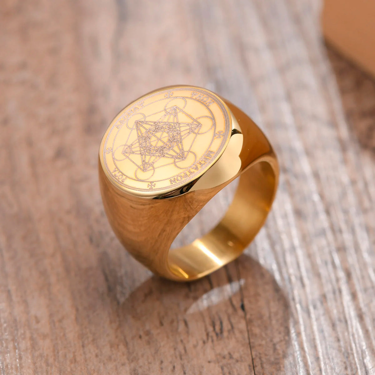 Seven Seals of Angels Rings for Men, Round Top Stamp Finger Band, Metatron Cube Stamp Ring, Chunky Punk Jewelry  (GoldenCity)