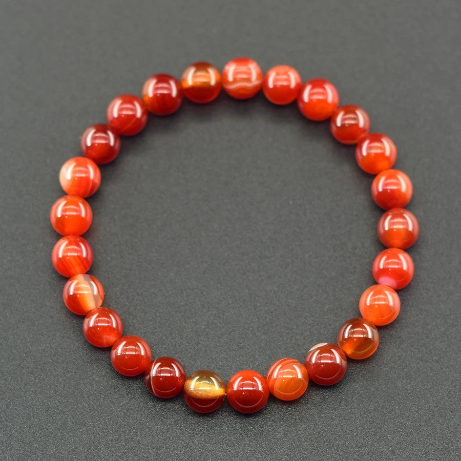 Natural Red Stripes Agate Bead Bracelet Women Men Genuine Red Carnelian Round Agate Jewelry Enhance Mobility Elastic Wristband  (GoldenCity)