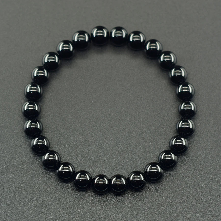 Classic Black Obsidian Onyx Bead Bracelet for Men Natural Stone Shiny Black Obisidian Handmade Bracelet Ward off Evil Jewelry  (GoldenCity)
