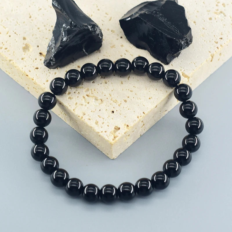 Classic Black Onyx Bead Bracelet for Men Natural Stone Shiny Black Obisidian Handmade Bracelet Yoga Meditation Jewelry Wholesale  (GoldenCity)