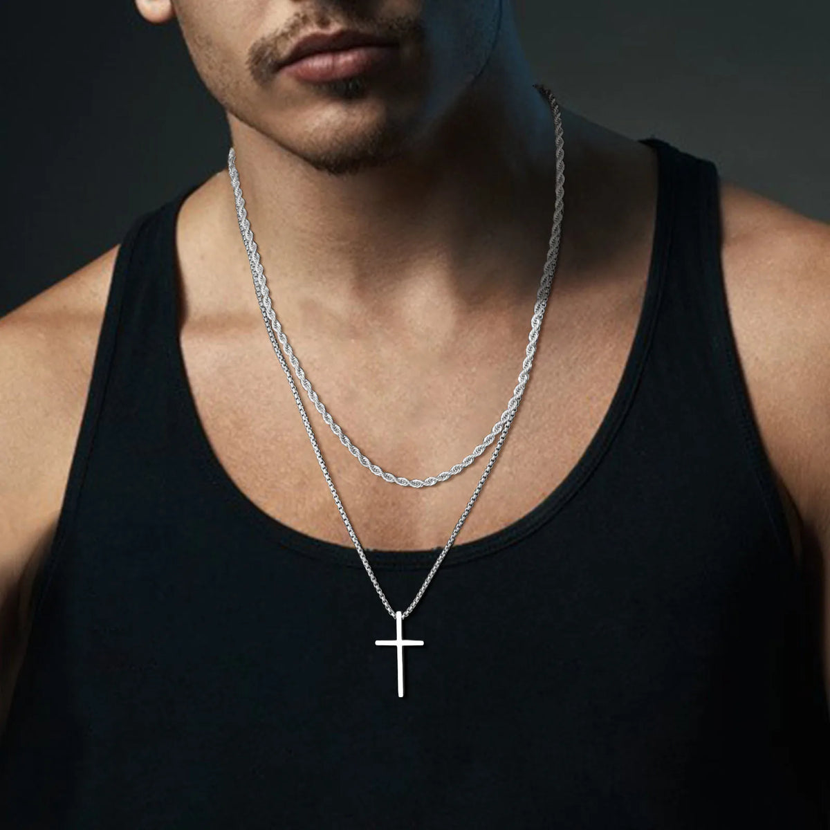 Mens Cross Necklaces, Stainless Steel Layered Plain Cross Pendant, Rope Box Chain Necklace, Simple Prayer Jesus Collar  (GoldenCity)