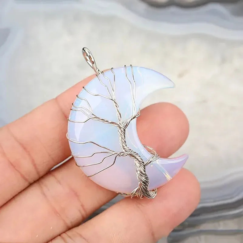 Natural Crystal Pendant Wire Wrap Tree Of Life Big Moon Crescent Mineral Stone Pendulum Amethyst Quartz Necklace For Women Gift  (GoldenCity)
