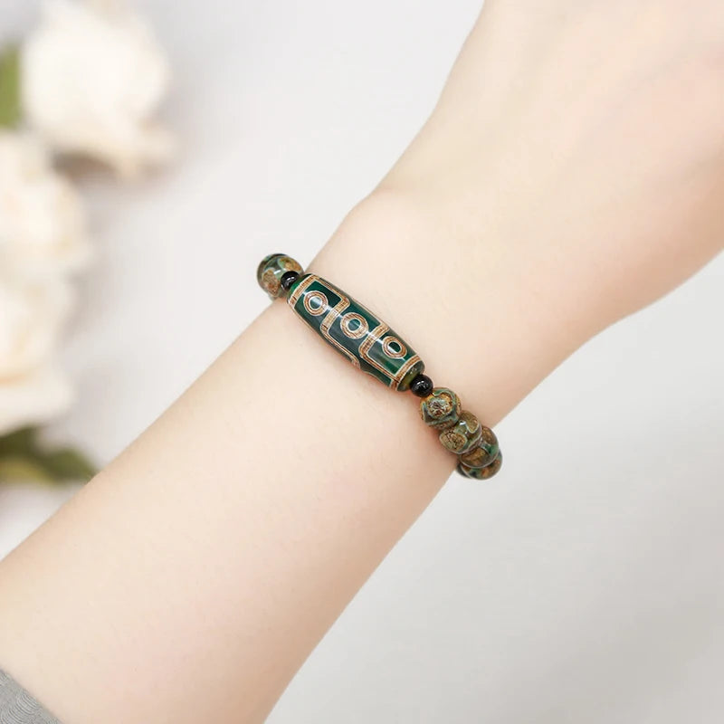 Natural Green Nine Eyes Tibetan Dzi Agate Barrel Beads Bracelet Women Men Retro Healing Buddha Prayer Charm Yoga Jewelry Gift  (GoldenCity)