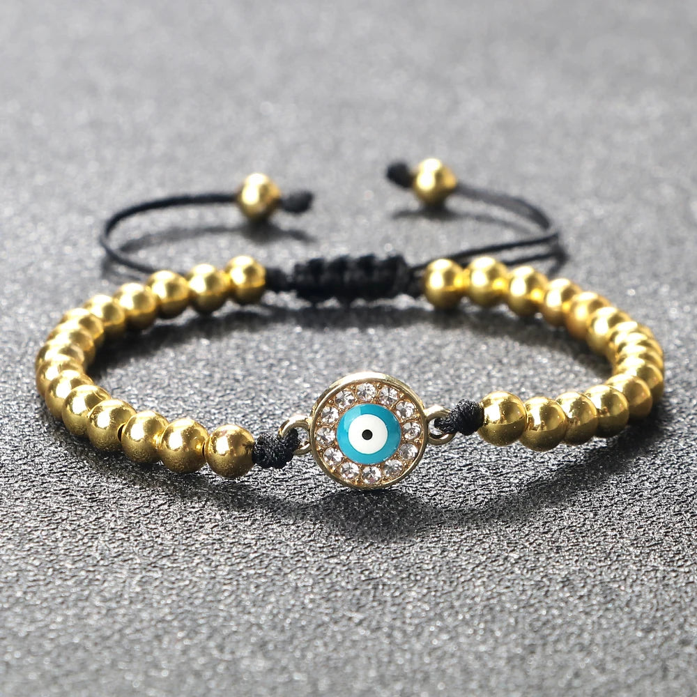 New Turkish Evil Eye Copper Beads Braided Bracelet Women Men Gold Color Healing Yoga Couple Bracelet&Bangles Chain Jewelry Gift  (GoldenCity)