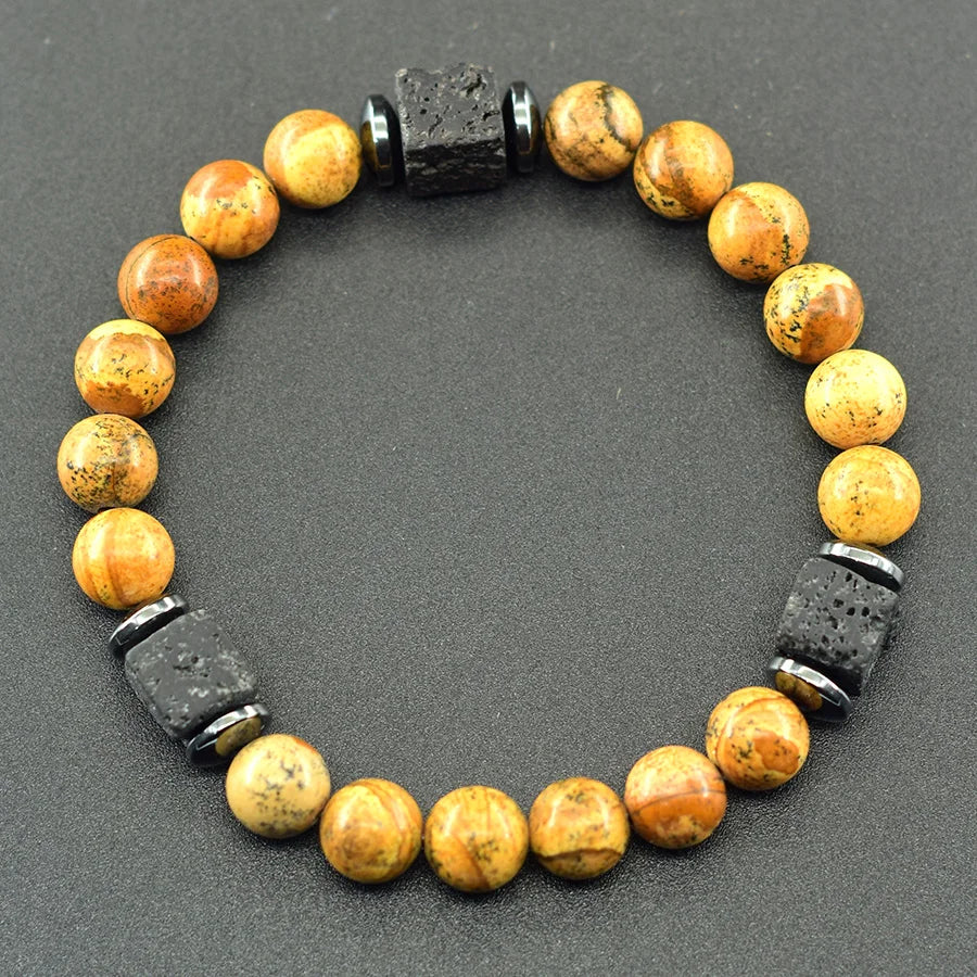 Natural Black Picasso Stone Beads Bracelet Men Retro Black Block Volcanic Lava Jewelry for Women Couple Matching Gift Wholesale  (GoldenCity)