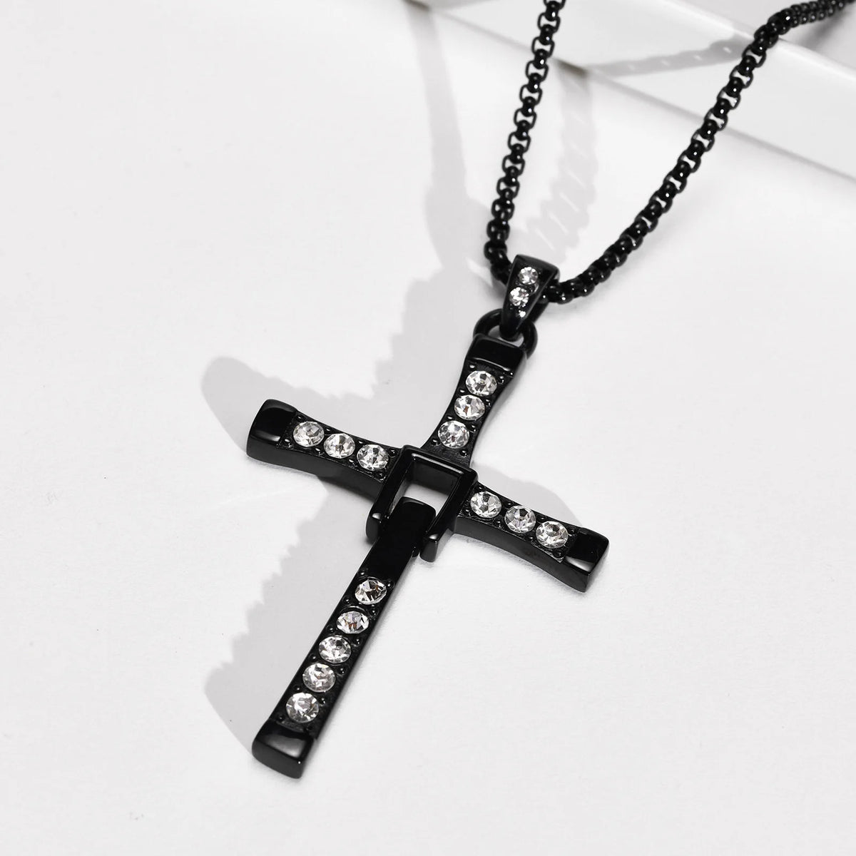 Big Cross Necklace for Men, Flexible Arm, Full Stone Prayer Cross Pendant with Box Chain, Punk Rock Gothic Collar  (GoldenCity)