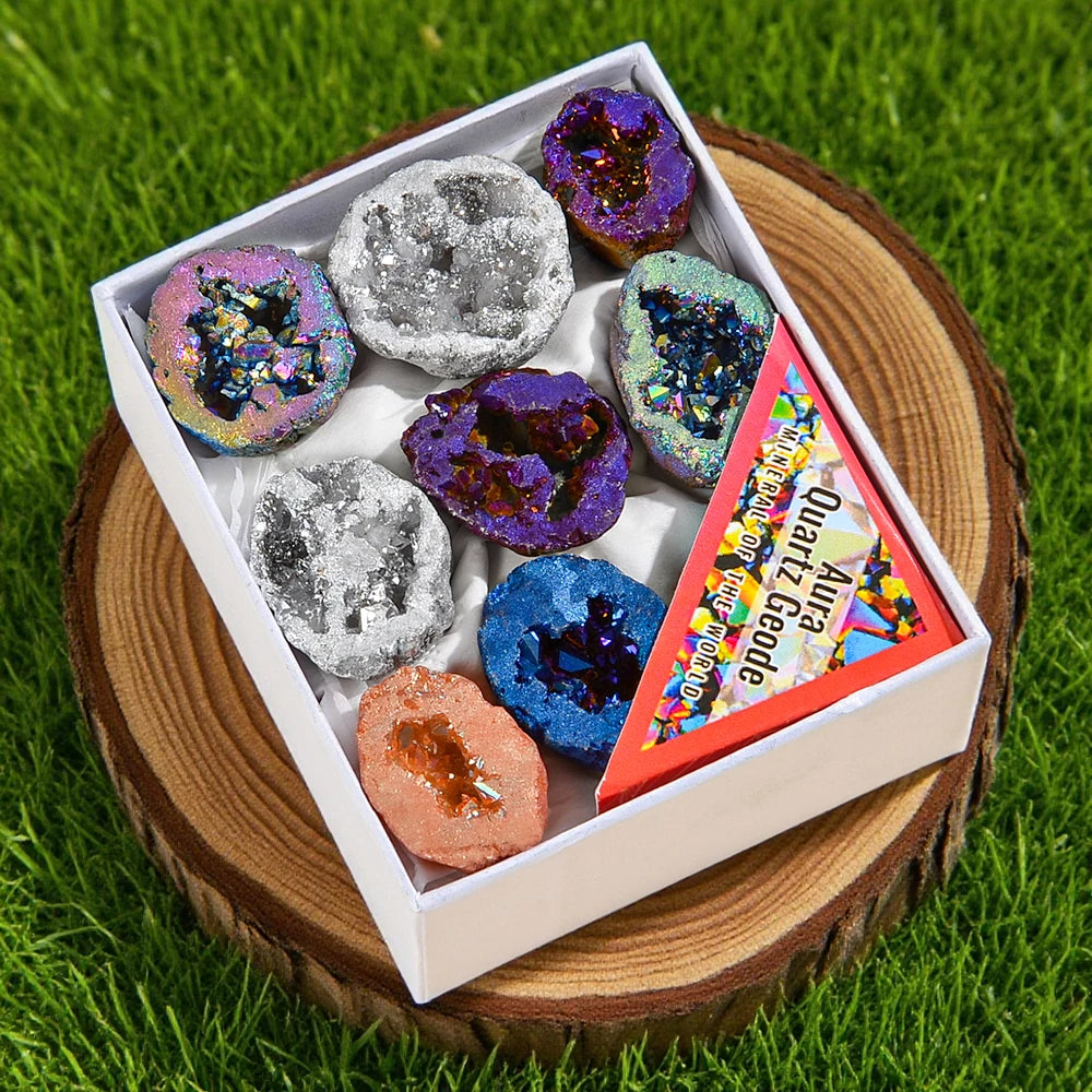 8PCS/Box Titanium Coated Natural Crystal Cluster Electroplated Agate Geode, Energy Balance Reiki Wicca Home Decor  (GoldenCity)