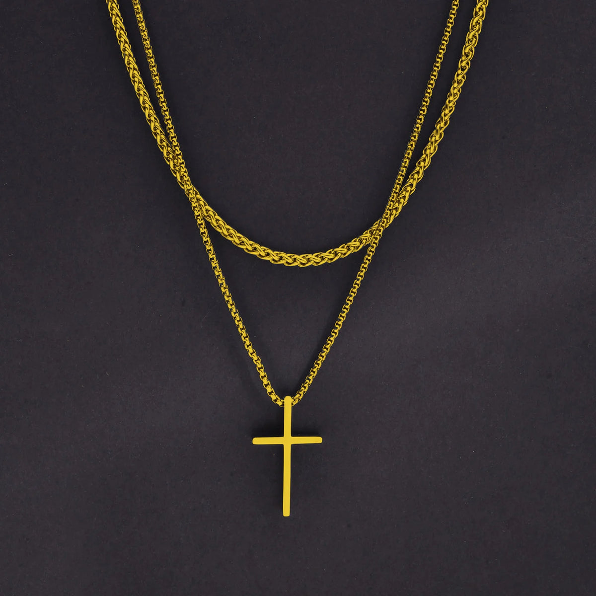 Mens Cross Necklaces, Stainless Steel Layered Plain Cross Pendant, Rope Box Chain Necklace, Simple Prayer Jesus Collar  (GoldenCity)