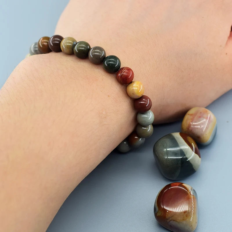 Natural American Picture Stone Bead Bracelet Women Men Amethysts Crystal Quartzs Aquamarines Jades Jewelry Agates Elastic Bangle  (GoldenCity)