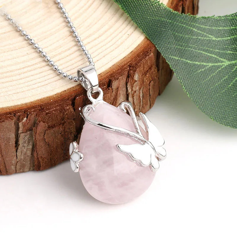 Vintage Wire Wrap Butterfly Gemstone Rose Quartz Amethyst Opalite Healing Crystal Pendant Necklace  (GoldenCity)
